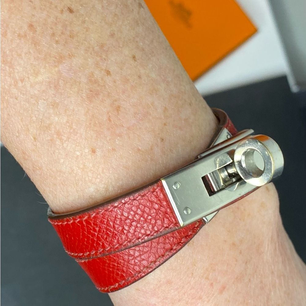 🛍️Hermes Authentic Red Leather Kelly Double Tour Bracelet with Silver Hardware - Picture 11 of 15